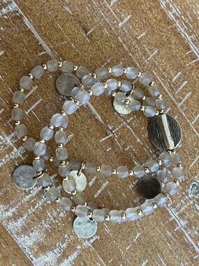 Gold and Cream Beaded stretch Disc Bracelet - Women Jewelry